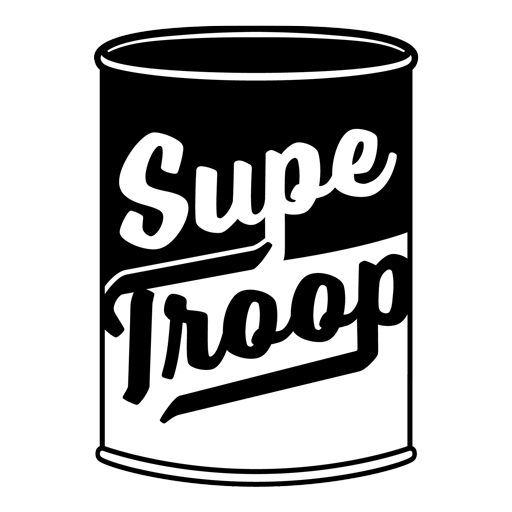 Logo is a black and white soup can that has the words Supe Troop on it
