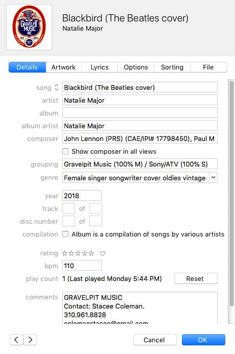 example of a song submitted with correct metadata for a cover recording